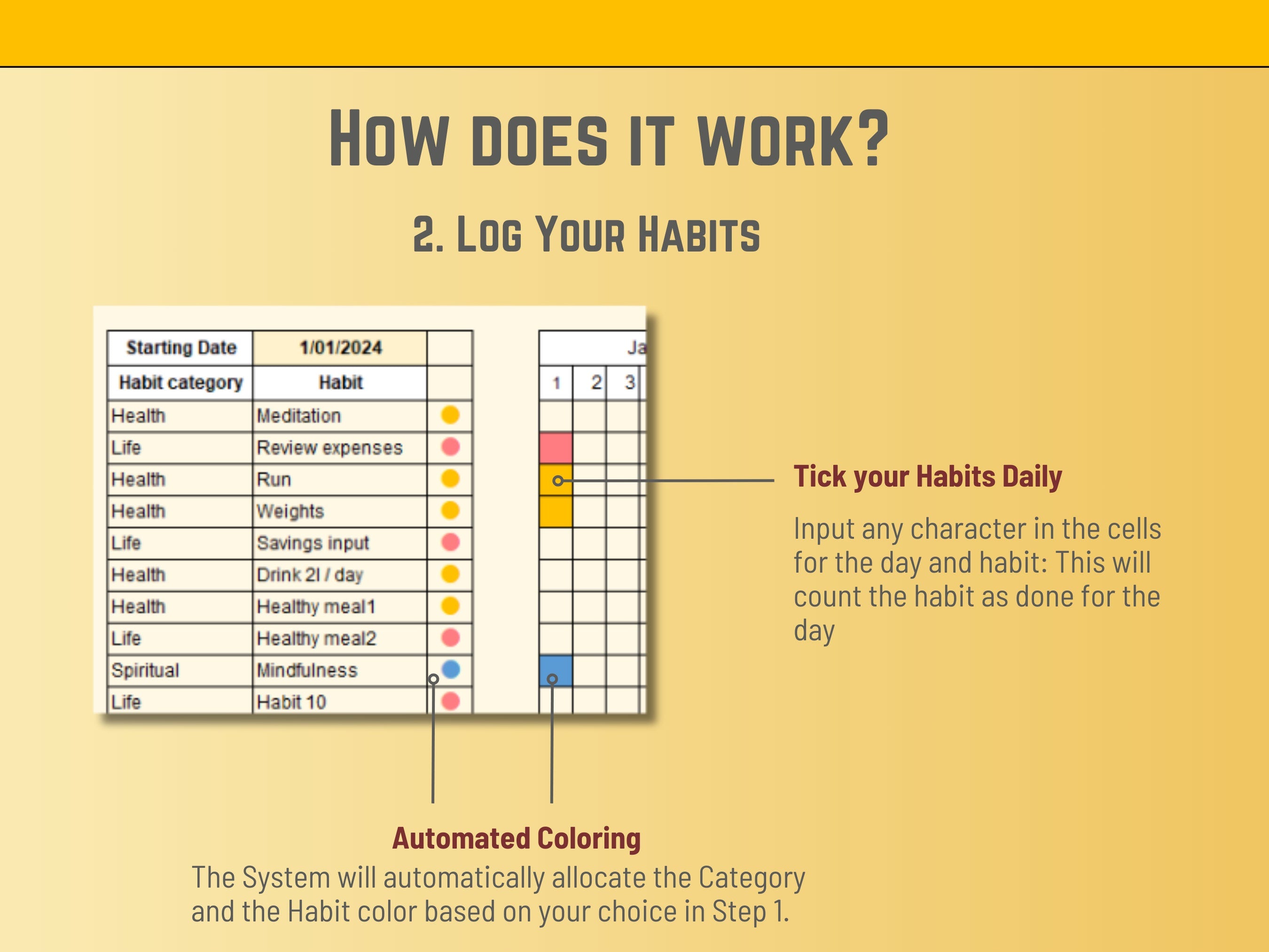 Excel Habit Tracker: Color-Coded, 20 Habits, 3 Categories (Digital Product)