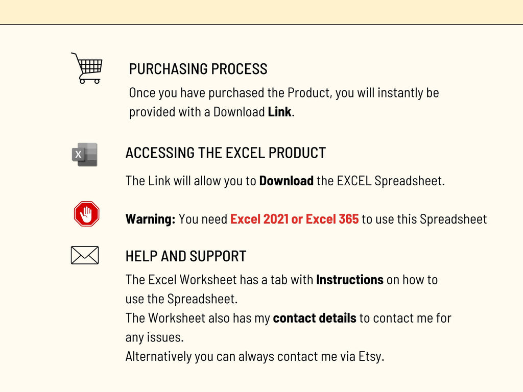 Instructions for accessing an Excel product after purchase (Inventory management)