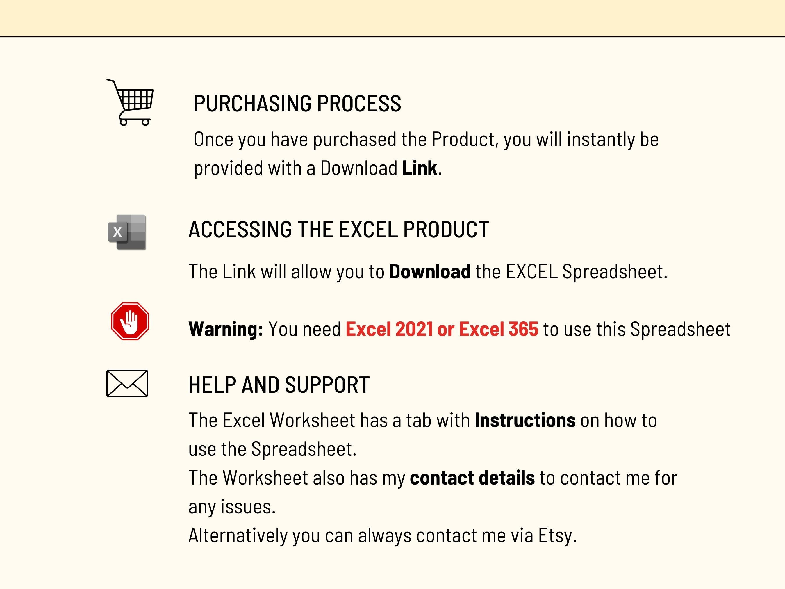 Instructions for accessing an Excel product after purchase (Inventory management)