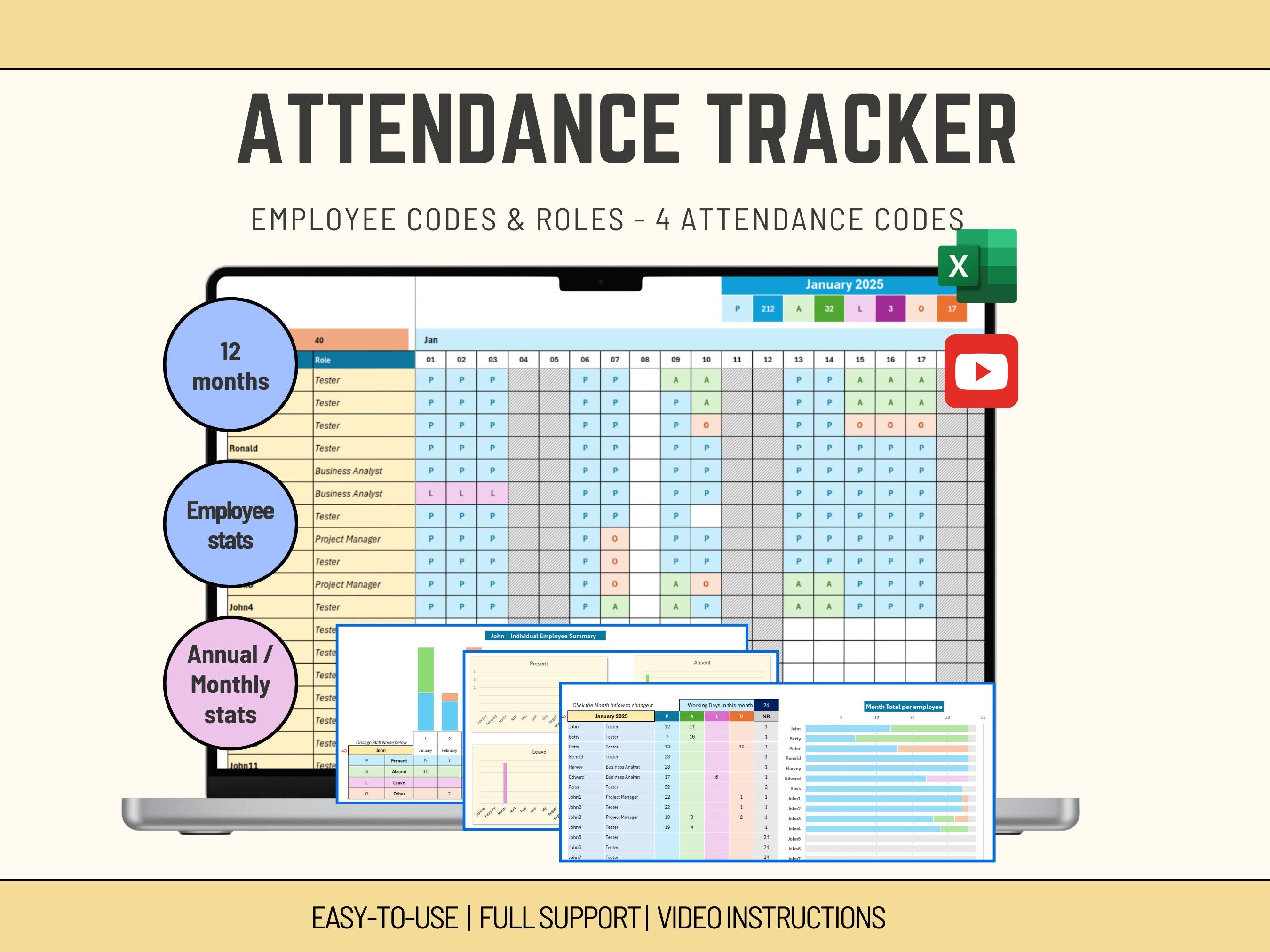 Attendance Tracker Excel template featuring automated summaries for employee leave and sickness tracking.