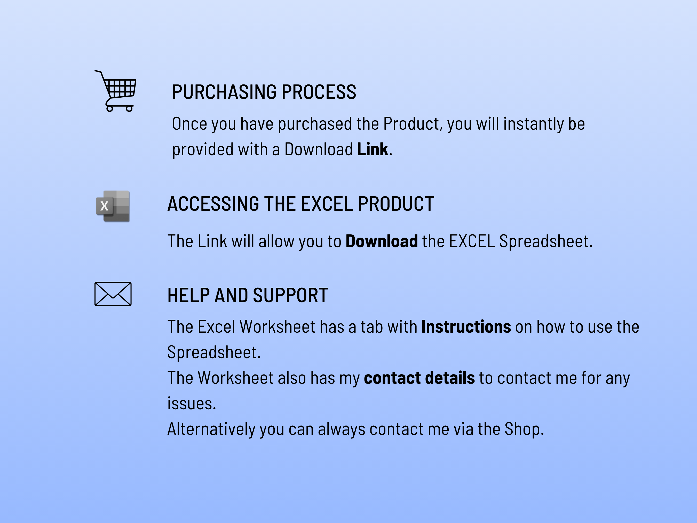 Instructions for accessing an Excel product after purchase on a light blue background