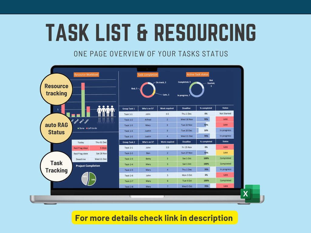 Digital download Excel productivity tool featuring automated completion percentage calculations.