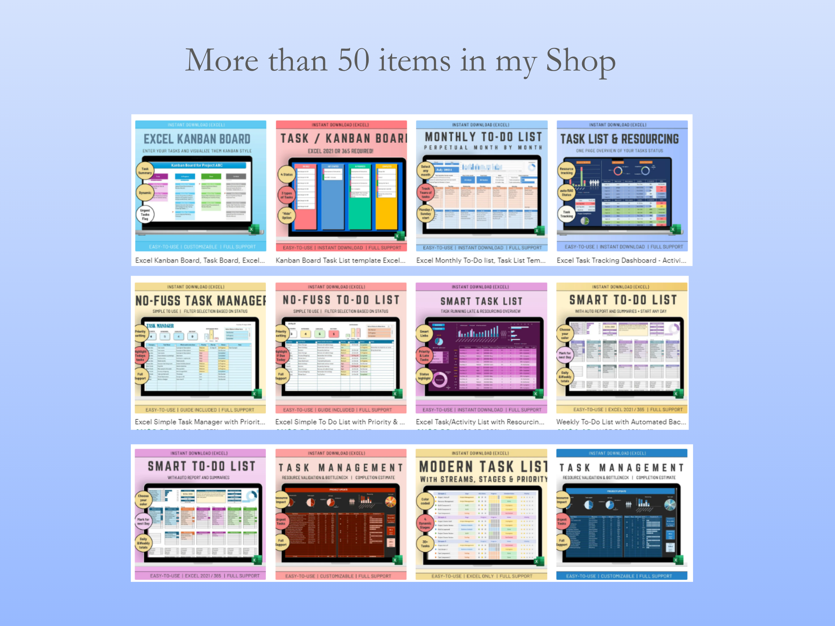 Collection of Excel task management and Excel Kansan boards on a blue background with text indicating more than 50 items in a shop.