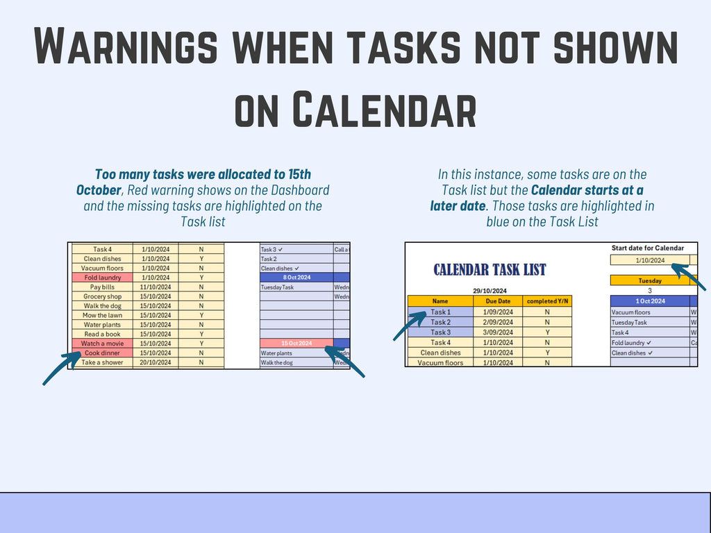 Excel Task List Diagram showing warnings when tasks are not shown on a calendar, with two screenshots of task lists and calendars.