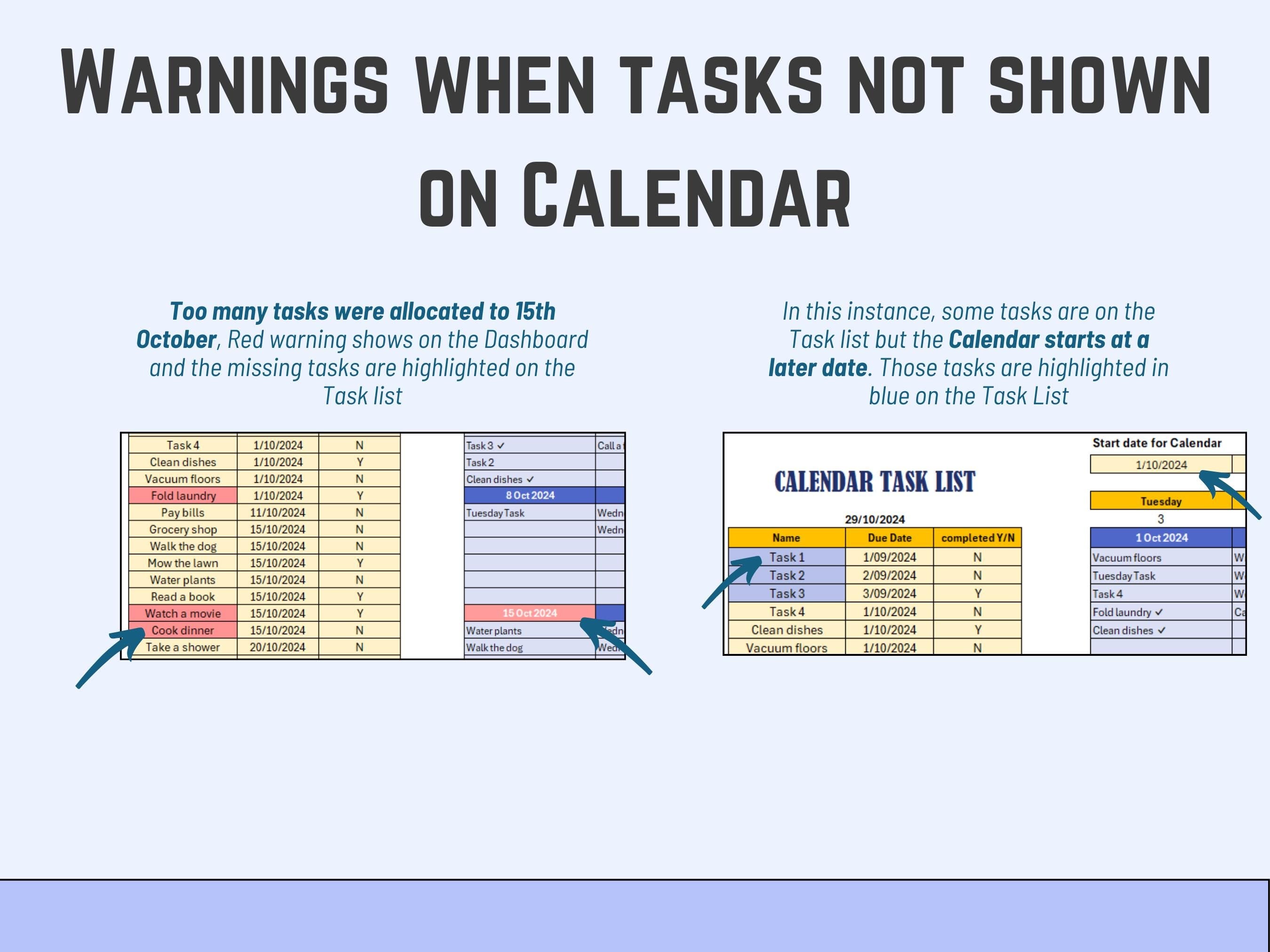 Excel Task List Diagram showing warnings when tasks are not shown on a calendar, with two screenshots of task lists and calendars.
