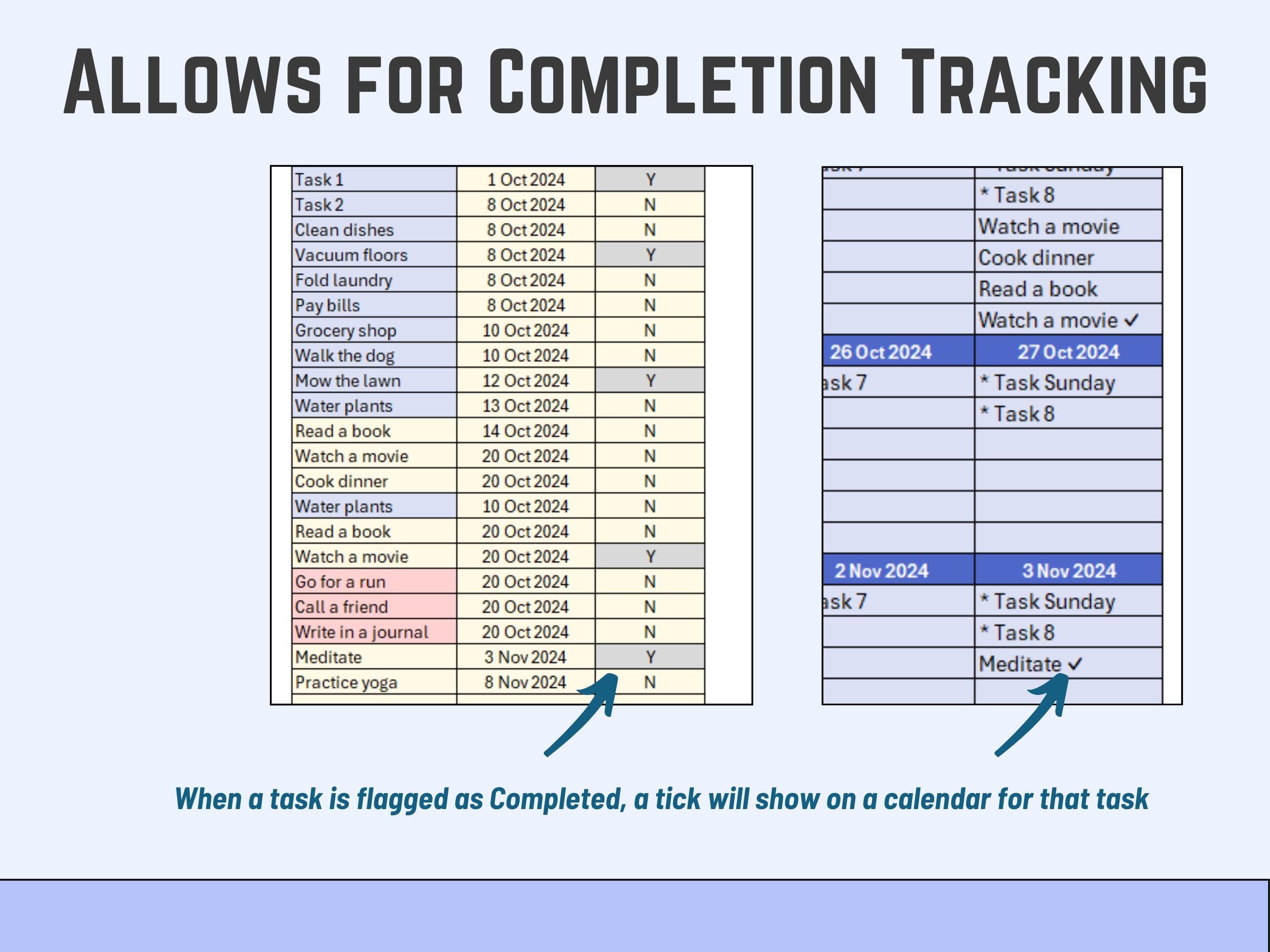 Excel Task management software interface with task lists and calendar view on a white background