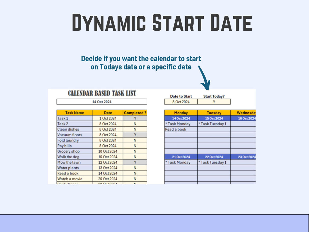 Excel Calendar-based task list with dynamic start date feature on a white background