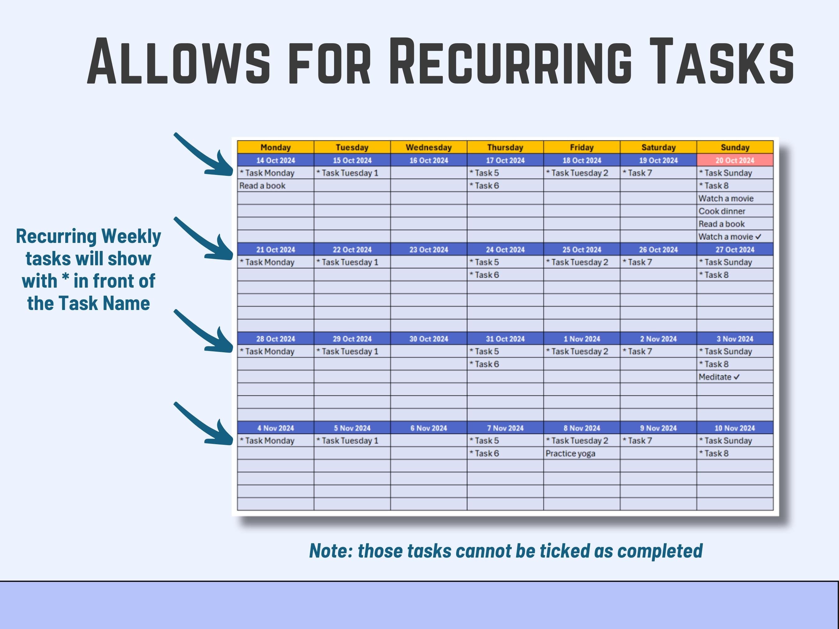 Excel Task management calendar with recurring tasks highlighted, showing a weekly schedule.
