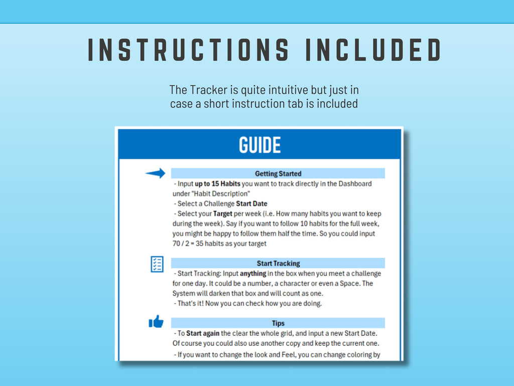Instructional guide on a blue  excel habit tracker background with text about using a tracker.