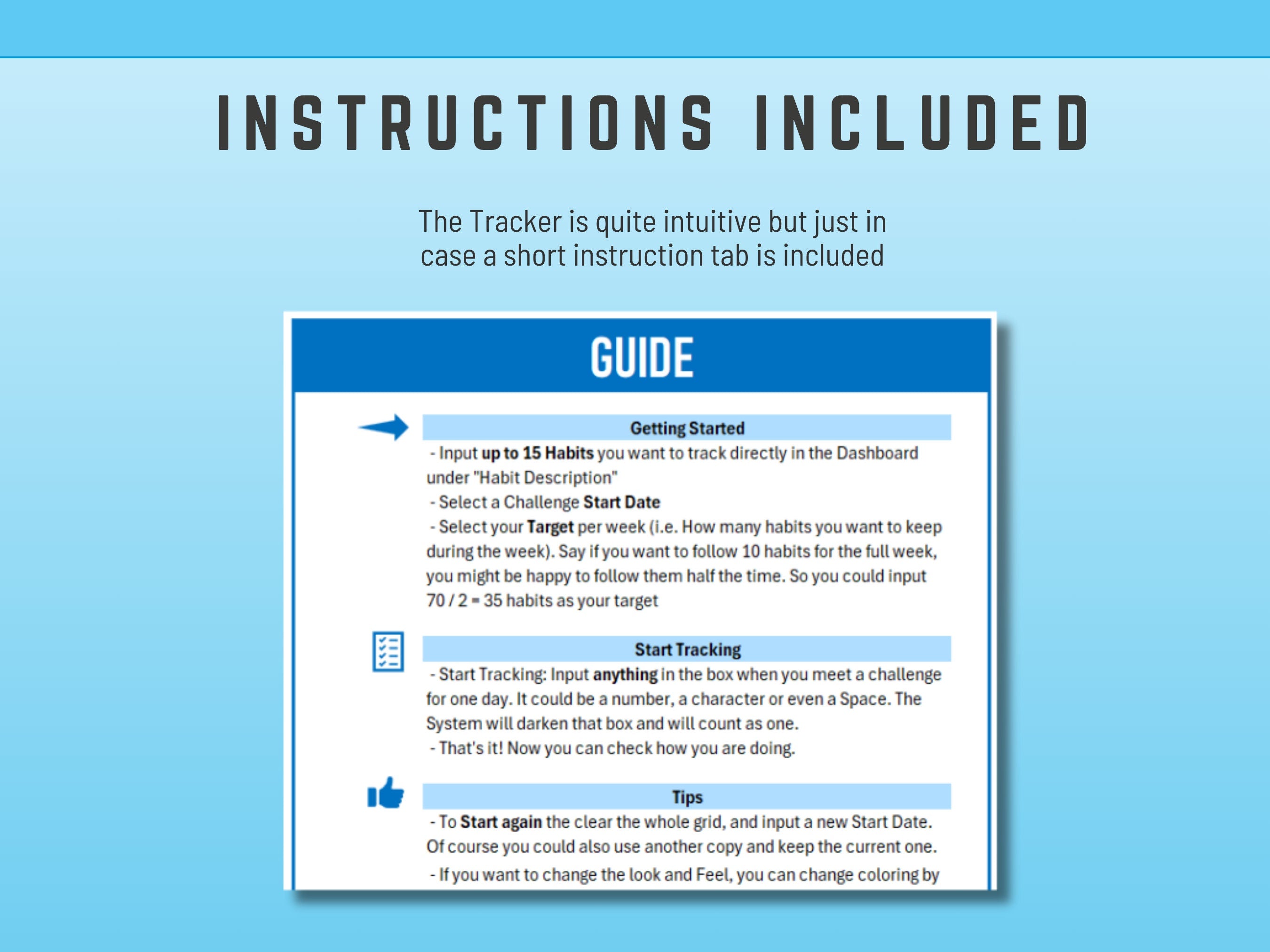 Instructional guide on a blue  excel habit tracker background with text about using a tracker.