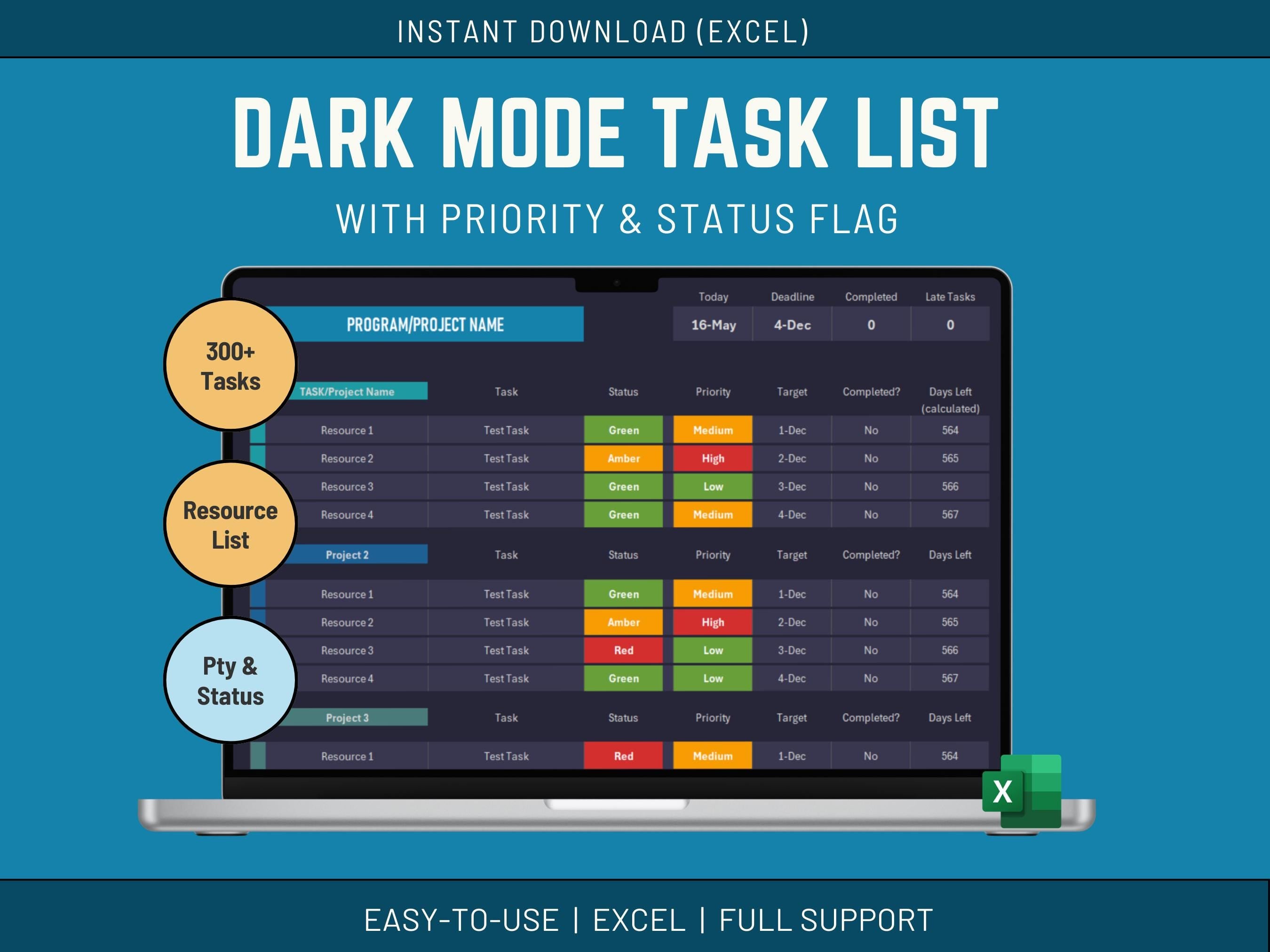 Dark mode Excel task list with priority and status flag on a laptop screen, Excel icon visible, blue background.
