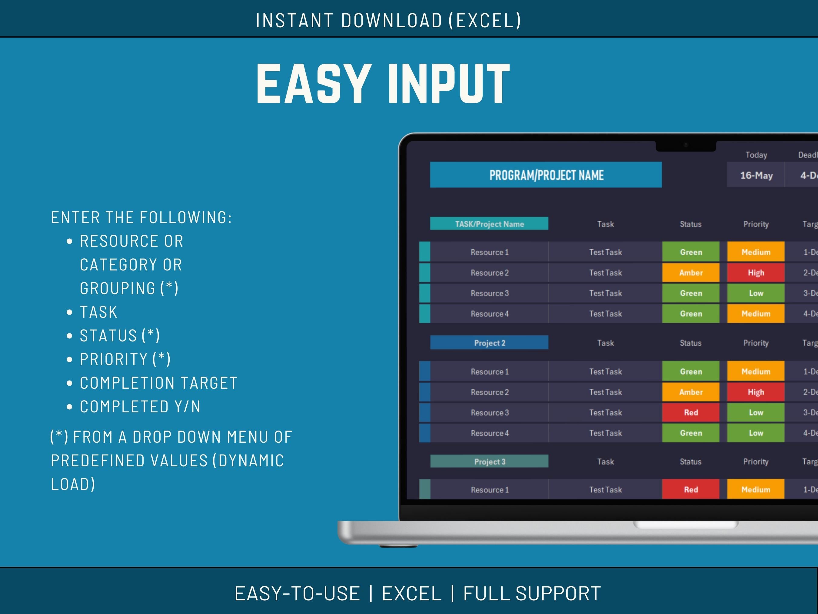 Excel template for project management with colorful task statuses on a blue background