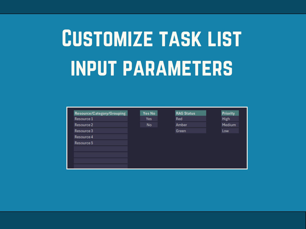 Task list Excel Dashboard Template input parameters customization interface on a blue background