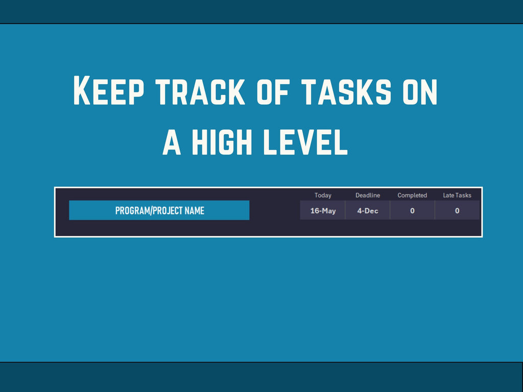 Blue background Excel Dashboard Templatewith text 'Keep track of tasks on a high level' and a task management interface.
