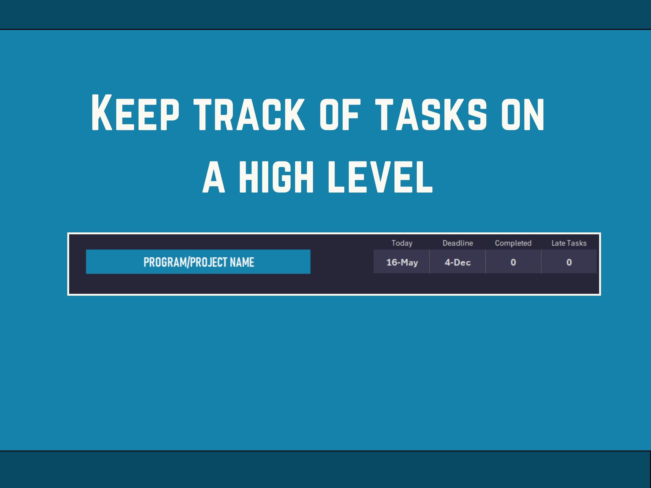 Blue background Excel Dashboard Templatewith text 'Keep track of tasks on a high level' and a task management interface.