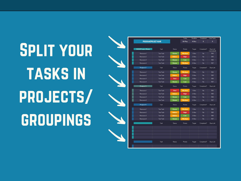 Task management software interface with text 'Split your tasks in projects/groupings' on a blue background