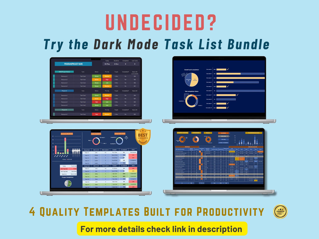 Promotional graphic for a dark mode task list bundle with four laptop screens on a light blue background.