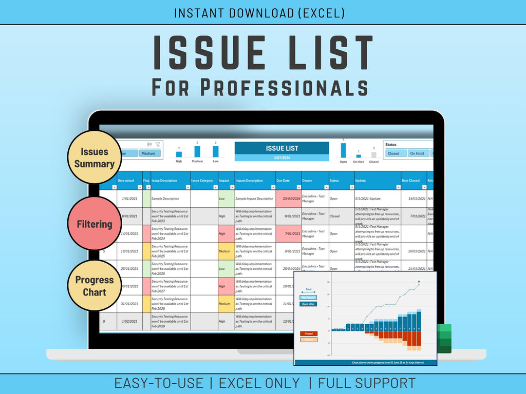 Automated Excel issue tracker dashboard featuring dynamic project status visualizer.