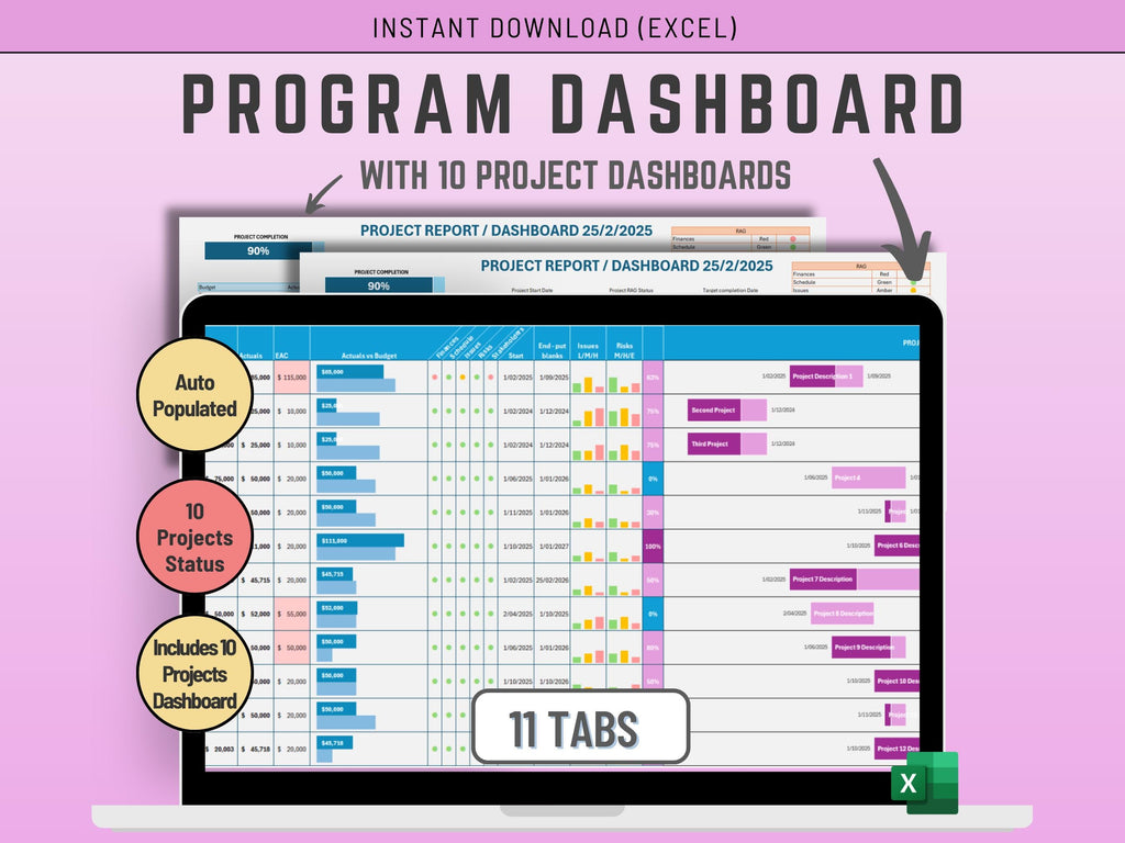A professional Excel Program Dashboard showing automated portfolio monitoring for up to 10 projects.