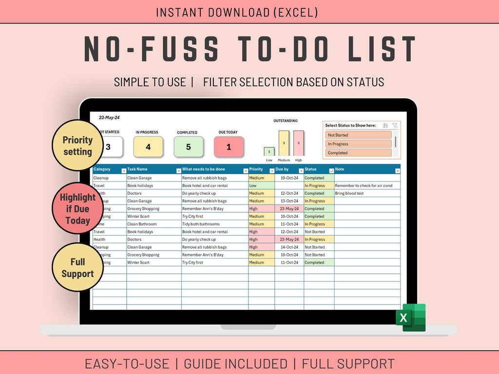 Automated Excel to-do list featuring task prioritization and status tracking dashboards.