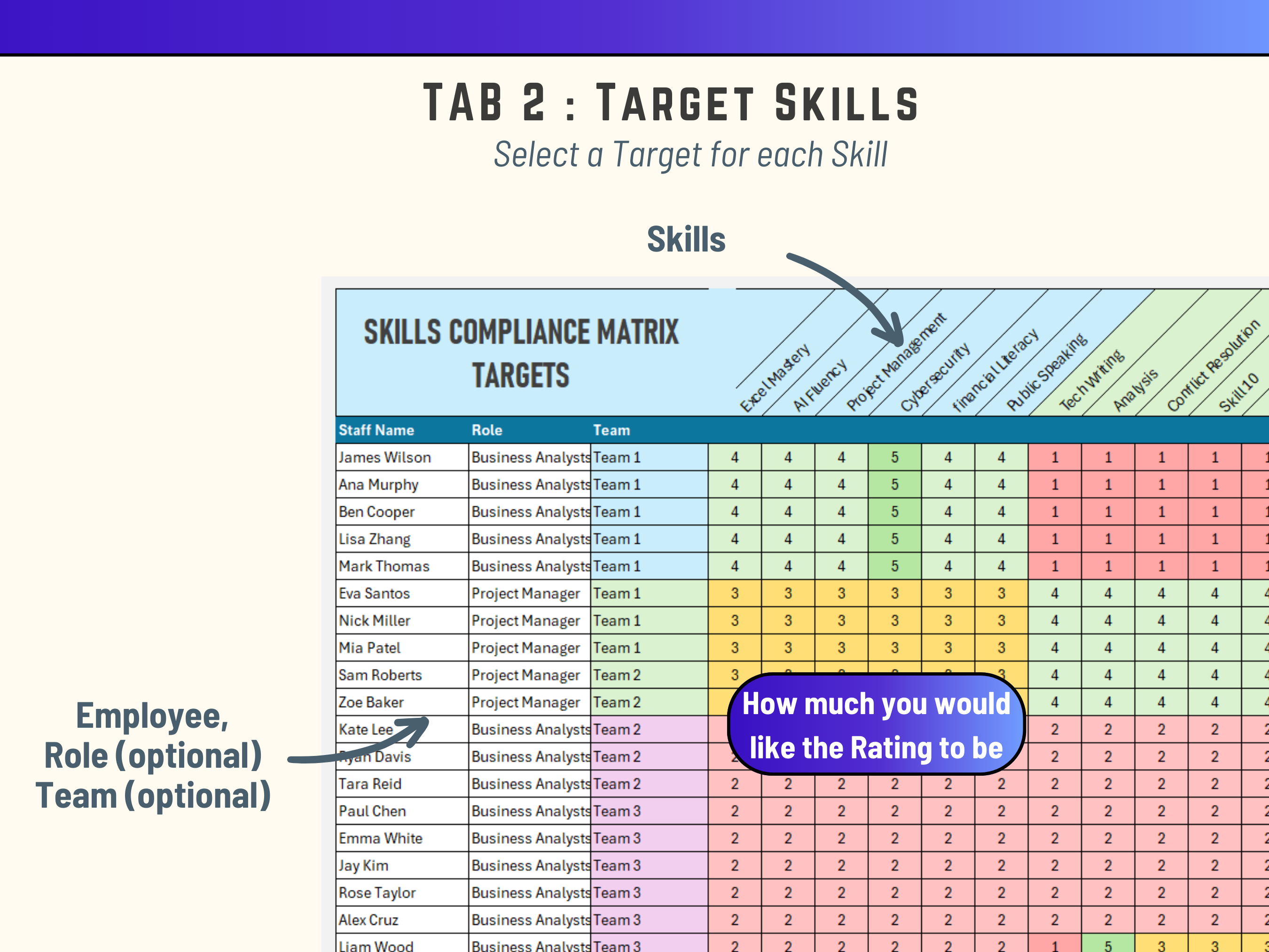 Excel Skills compliance matrix with ratings for employees, roles, and teams  