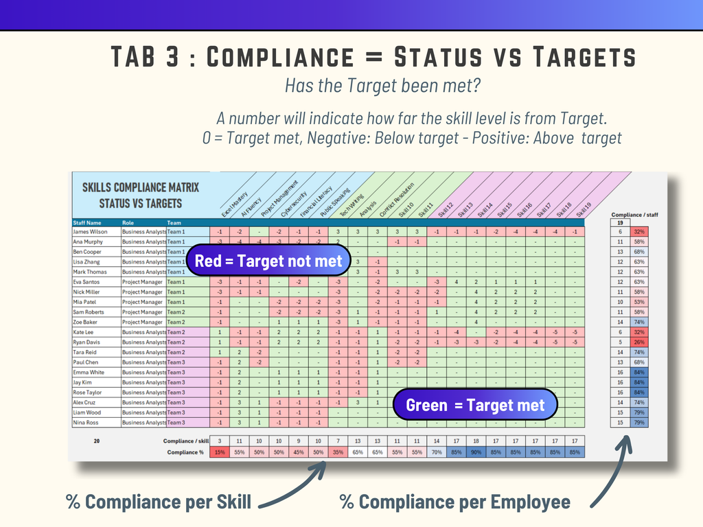 Excel Skills compliance audit matrix with color-coded status against targets  