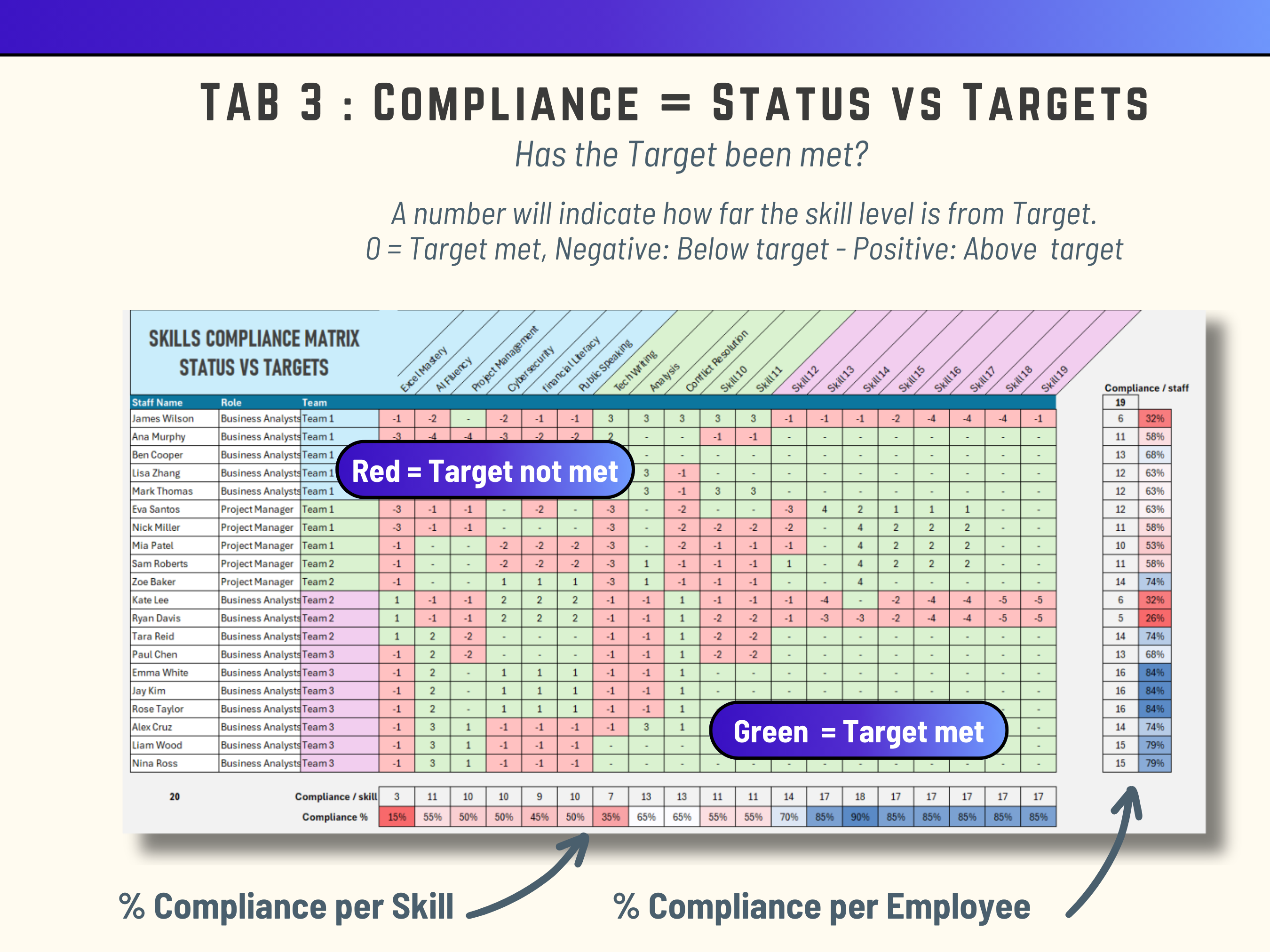 Excel Skills compliance audit matrix with color-coded status against targets  