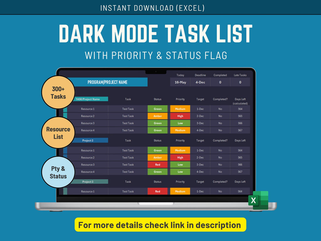 Dark mode task list with priority and status flag for Resource Planning