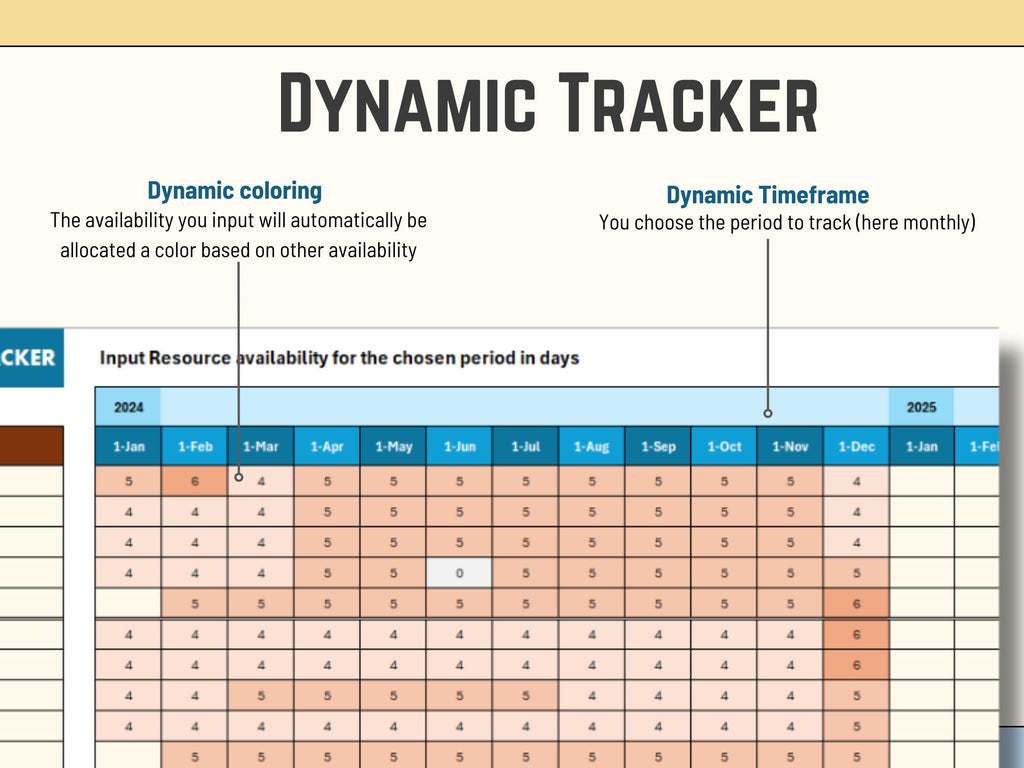 Excel Template Dynamic tracker spreadsheet with color-coded availability for resource allocation.