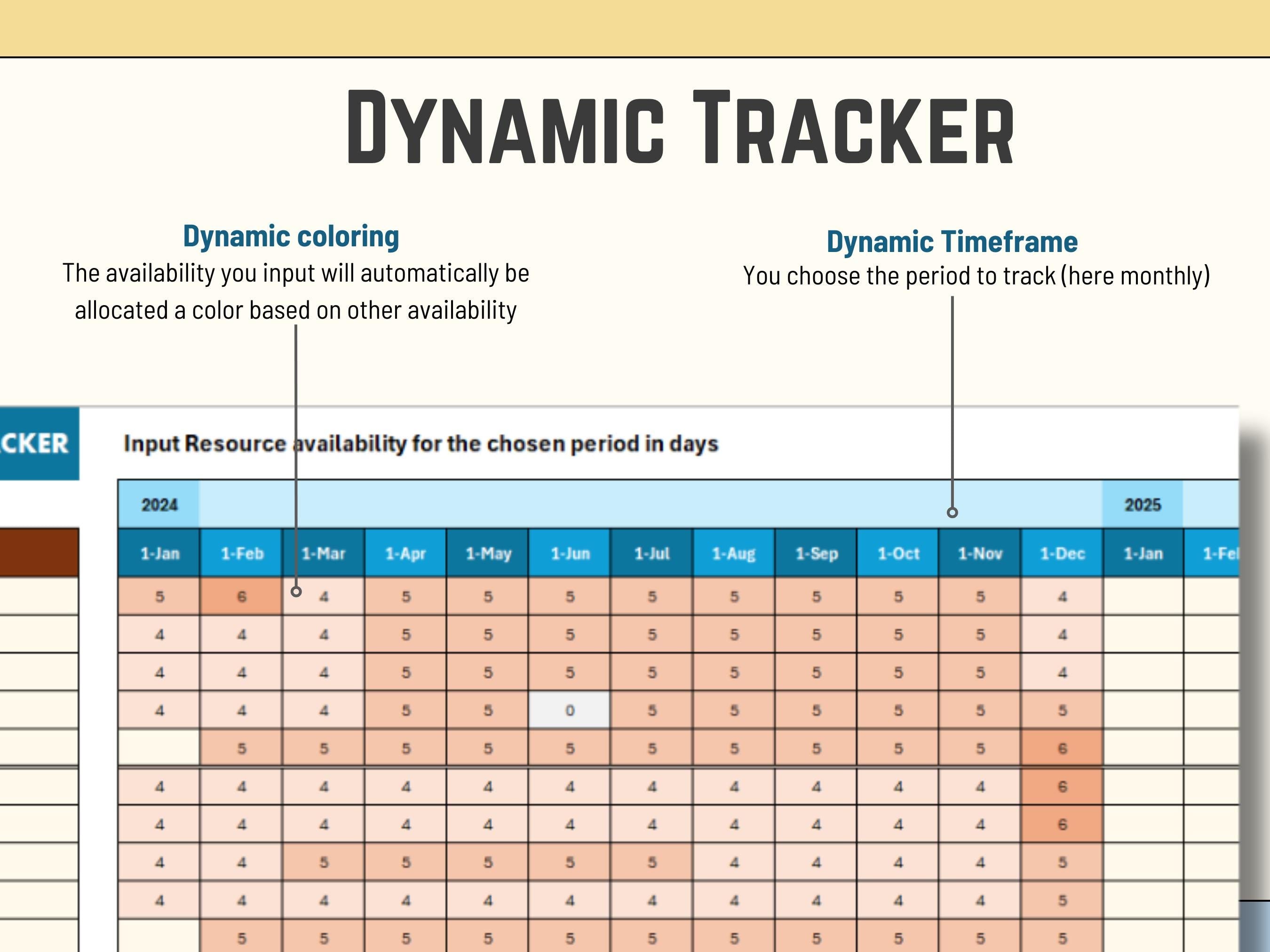Excel Template Dynamic tracker spreadsheet with color-coded availability for resource allocation.