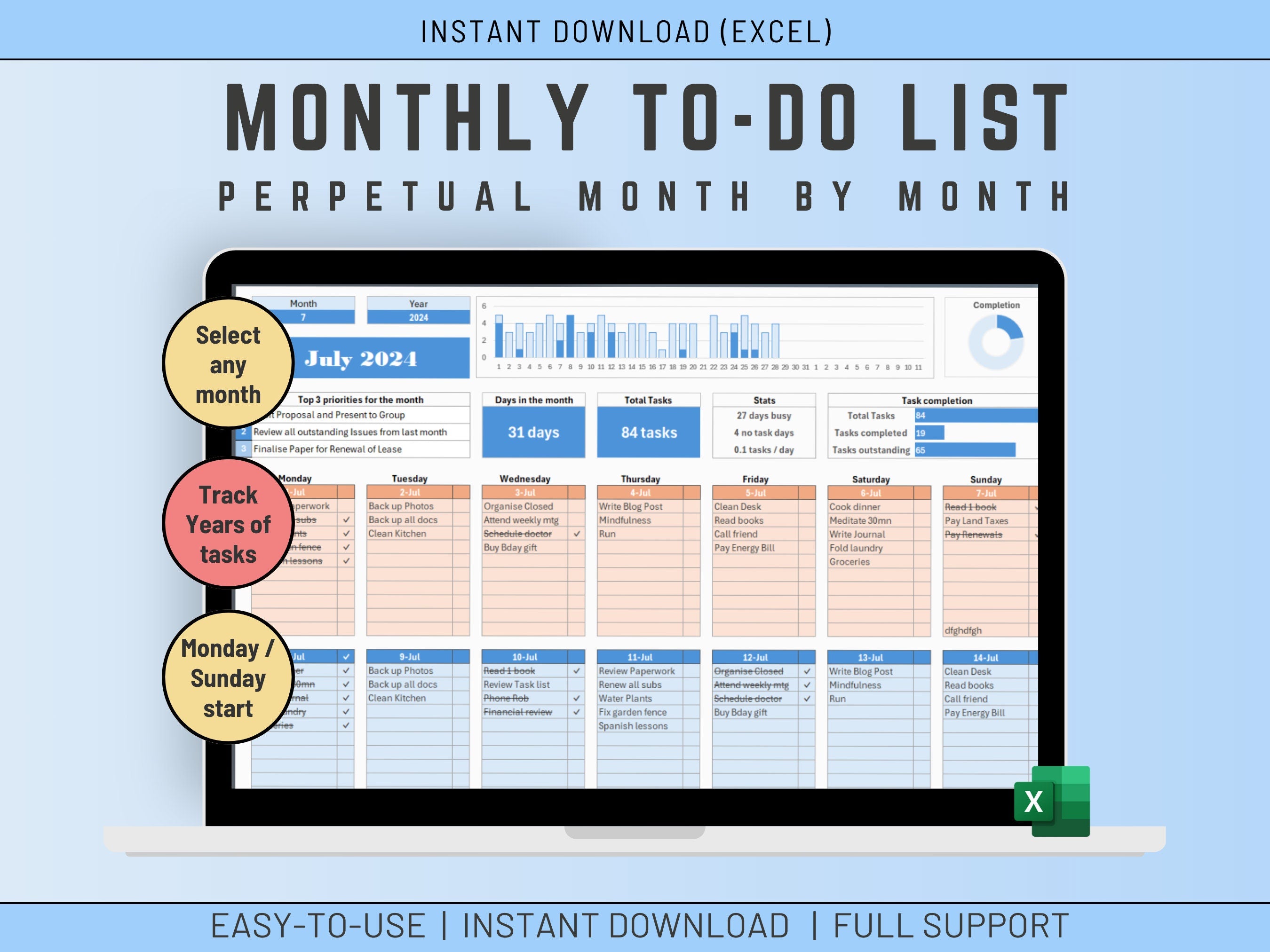 Automated Excel monthly task list featuring a perpetual calendar and visual progress tracking.