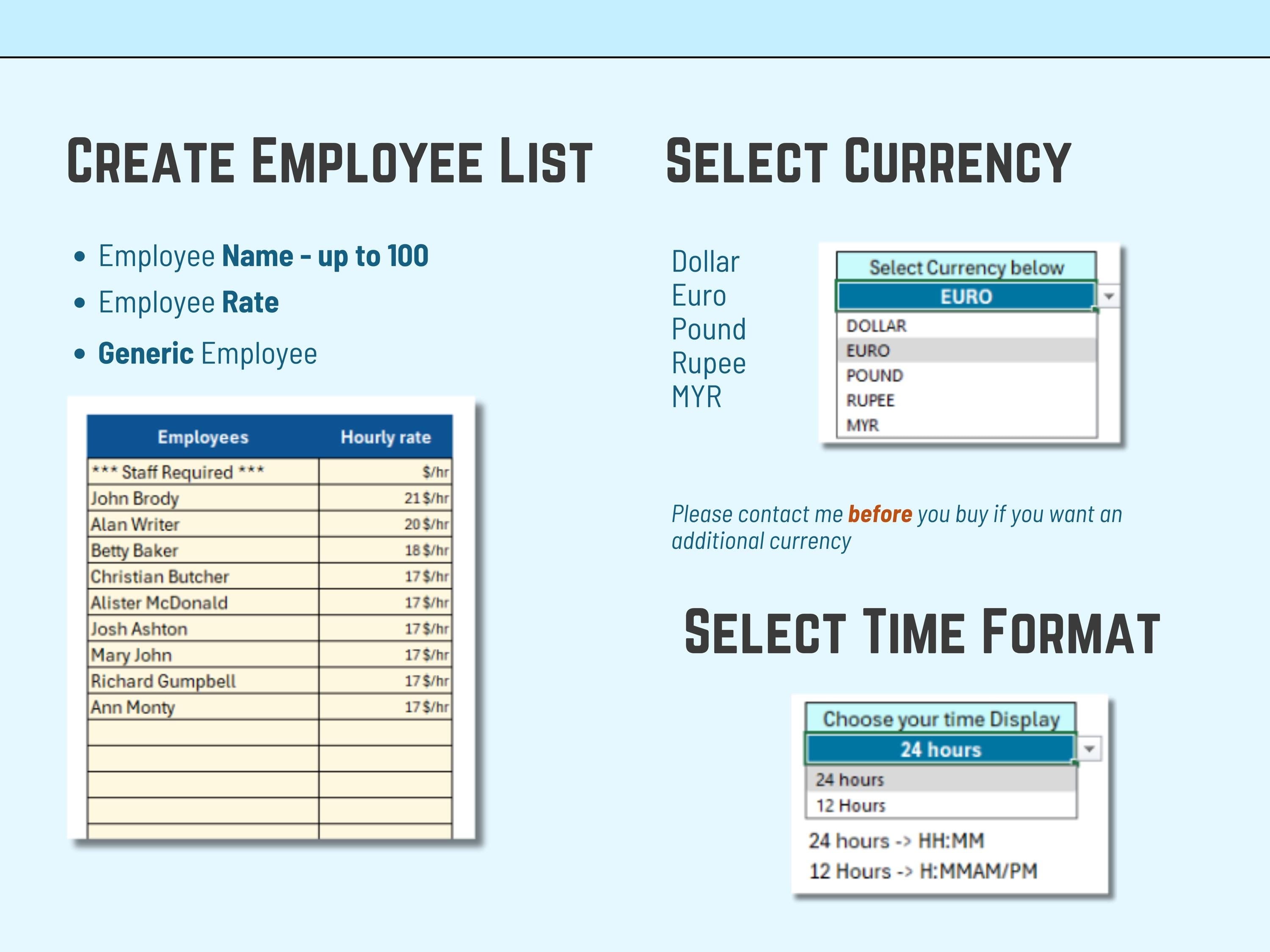 Software interface for creating an Excel Weekly roster template employee list with options to select currency and time format.