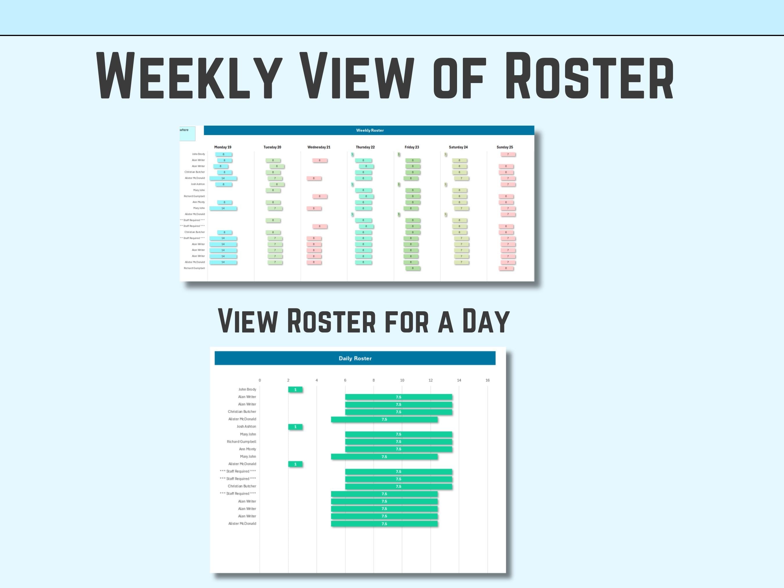 Excel Weekly roster template  view of roster with two displayed sheets on a light blue background