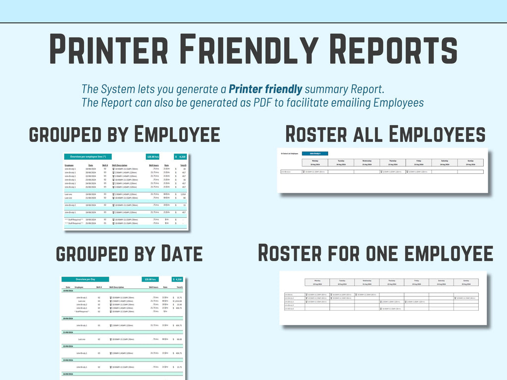 Excel Weekly roster template  Printer friendly reports for employees grouped by date and employee roster on a blue background