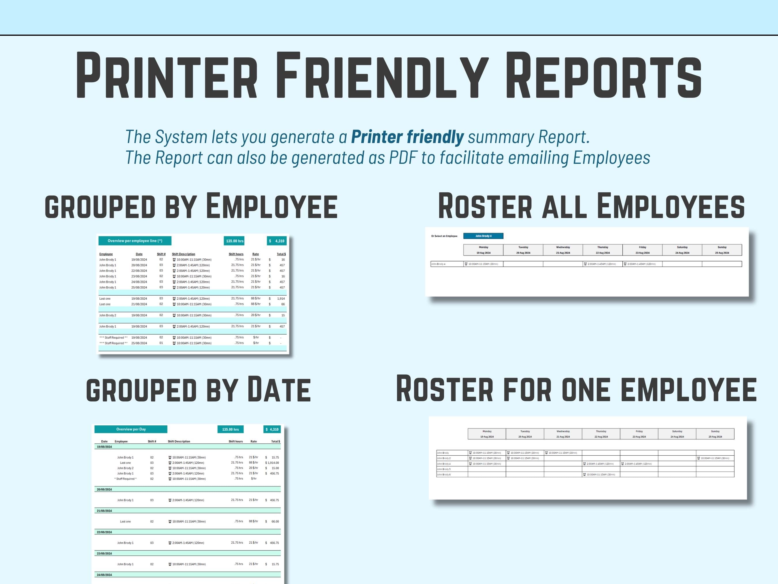 Excel Weekly roster template  Printer friendly reports for employees grouped by date and employee roster on a blue background