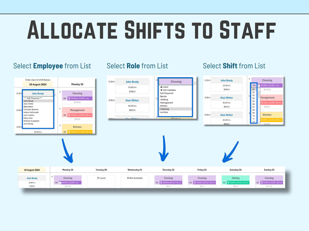 excel template Roster interface for allocating shifts to staff with employee, role, and shift selection options.