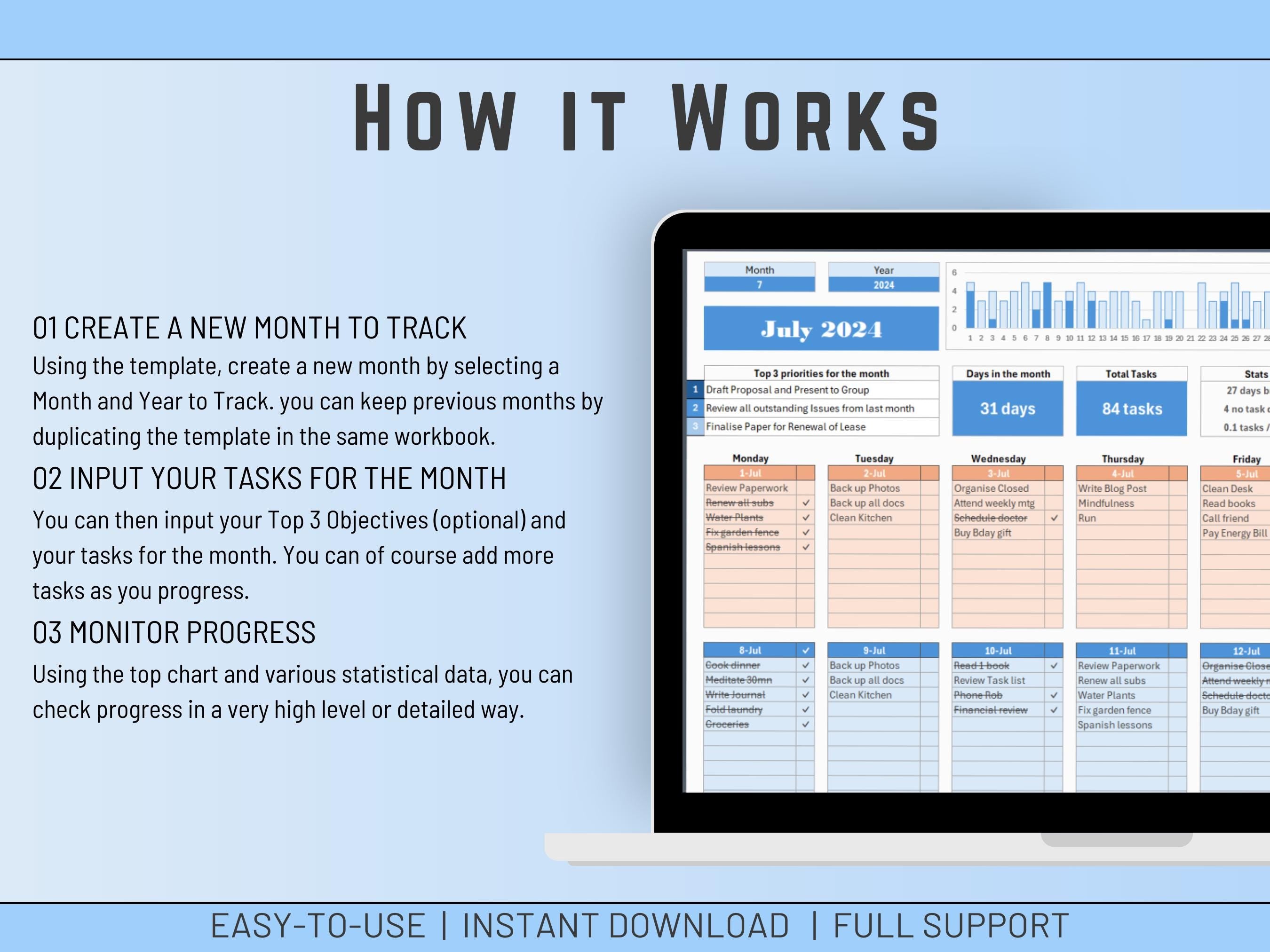 Excel monthly planner dashboard showing task completion stats and productivity data visualizations.