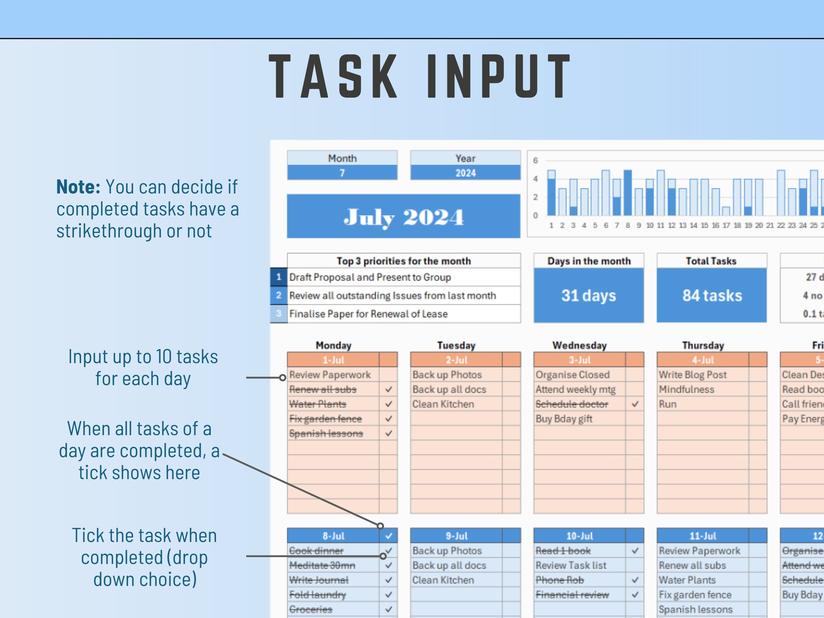 Excel task management tool with visual completion charts and data-driven productivity stats.