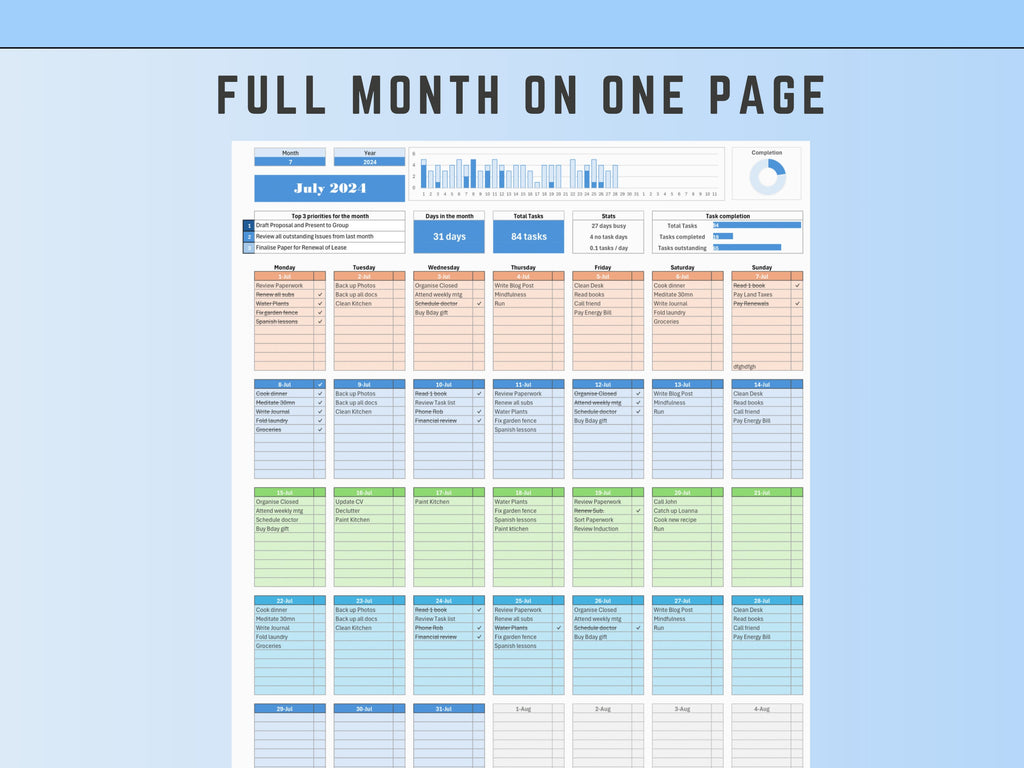 Professional Excel daily checklist system with automated date selection and Monday/Sunday start options.