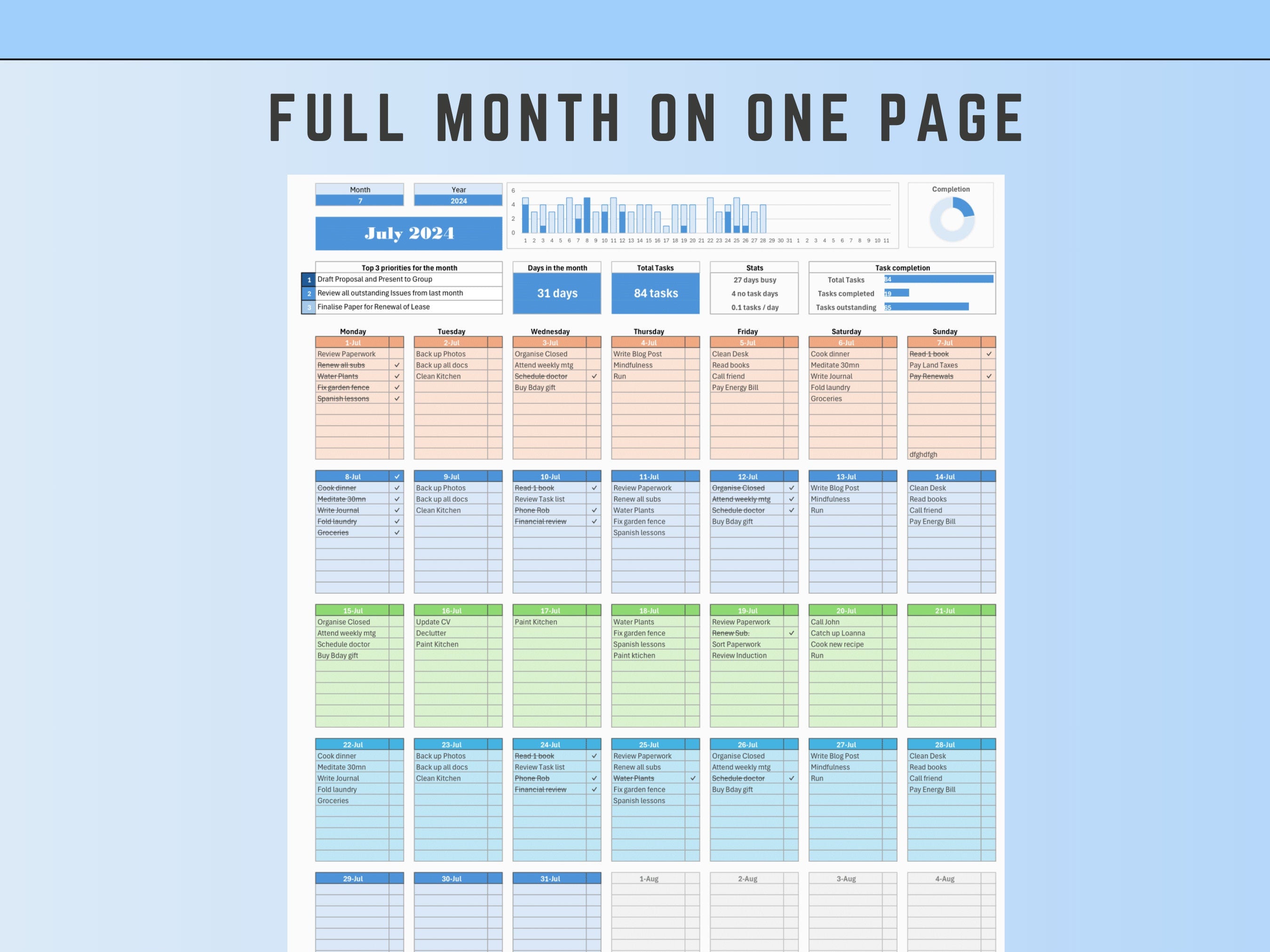 Professional Excel daily checklist system with automated date selection and Monday/Sunday start options.