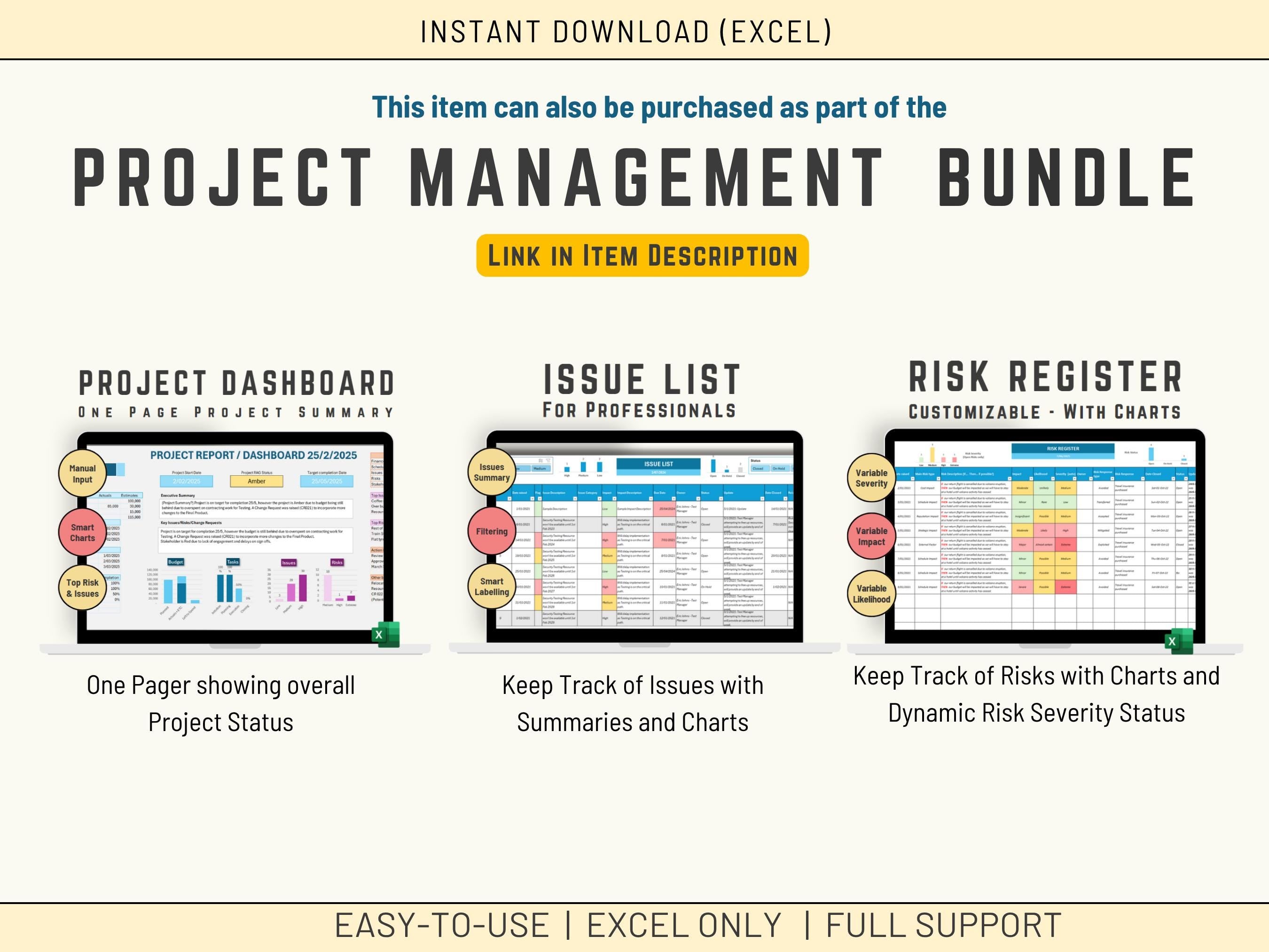 Project management bundle with Excel dashboards and charts  
