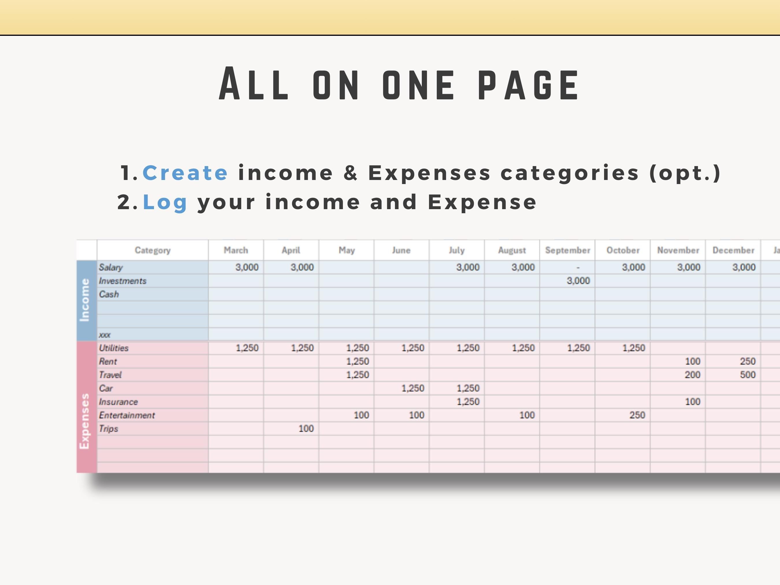 Excel and Income and expenses tracking shee showing easy input