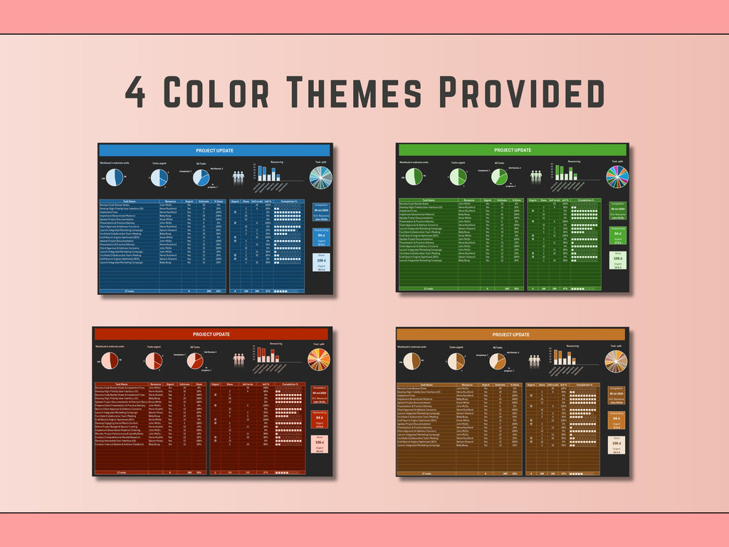 Four different color theme designs displayed for Excel Management Dashboard 