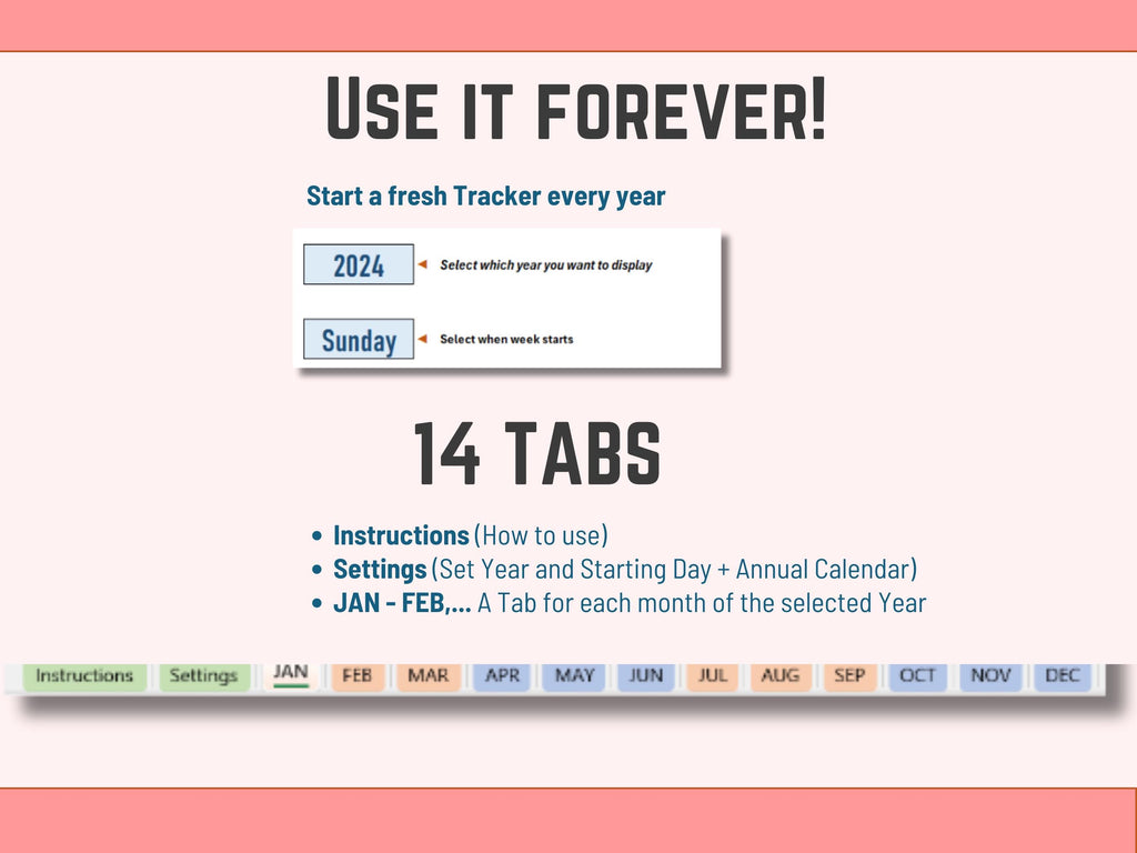 Twelve-month Excel planning Excel Tracker  featuring 14 dedicated tabs for granular task and goal stats.