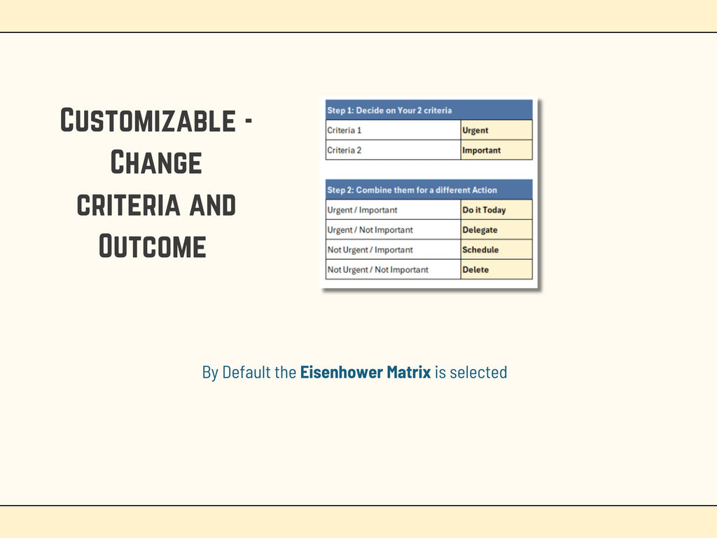 Decision Matrix (other Excel versions), Eisenhower Matrix Excel Template, Customizable Task Priority Tracker, Urgent / Important Template, Task List, To-do List