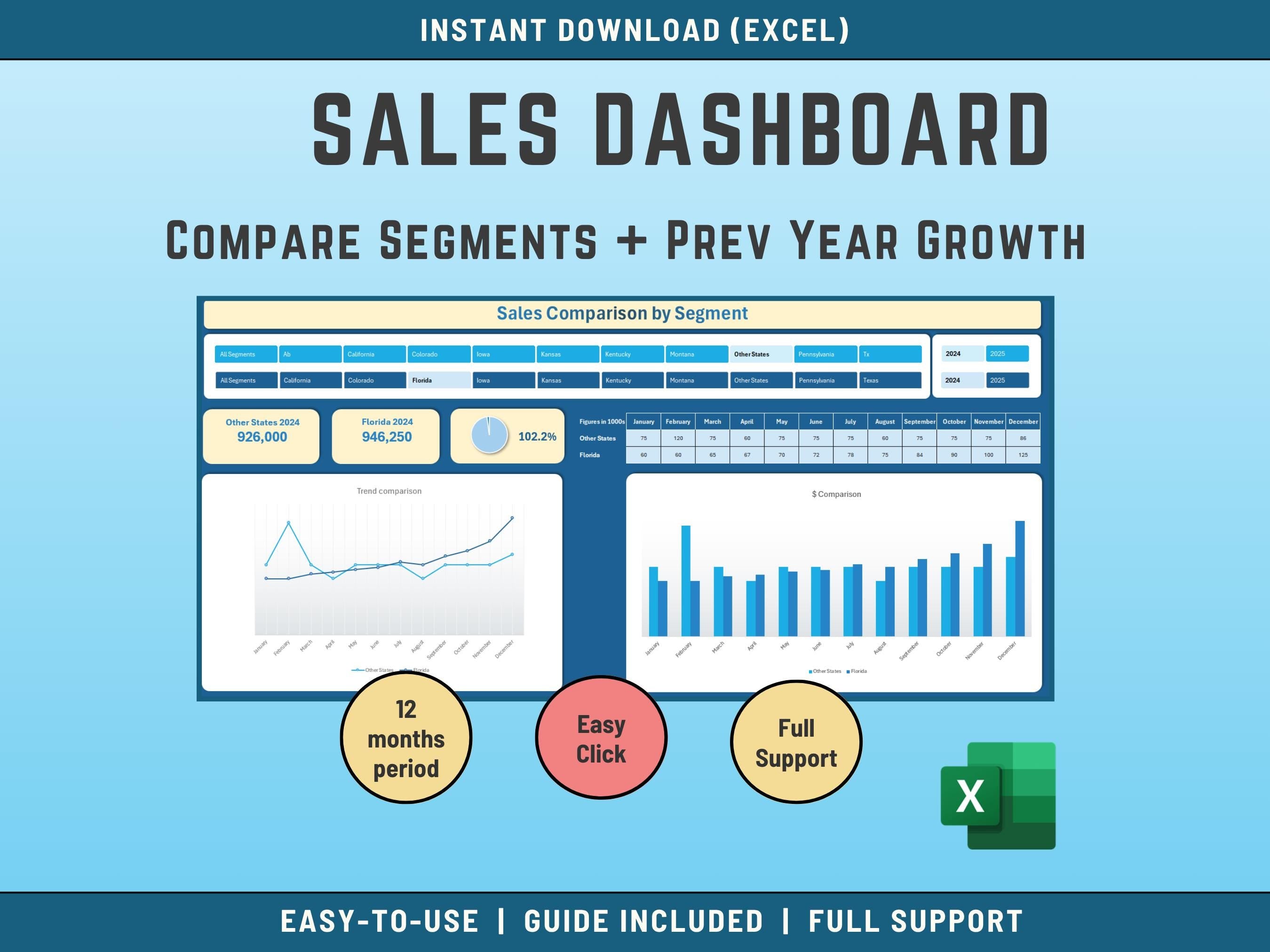 Excel Sales Data Year Segment Comparison dashboard, Segment and Sales Figures, Across Regions, Instant Download, Maps, Charts