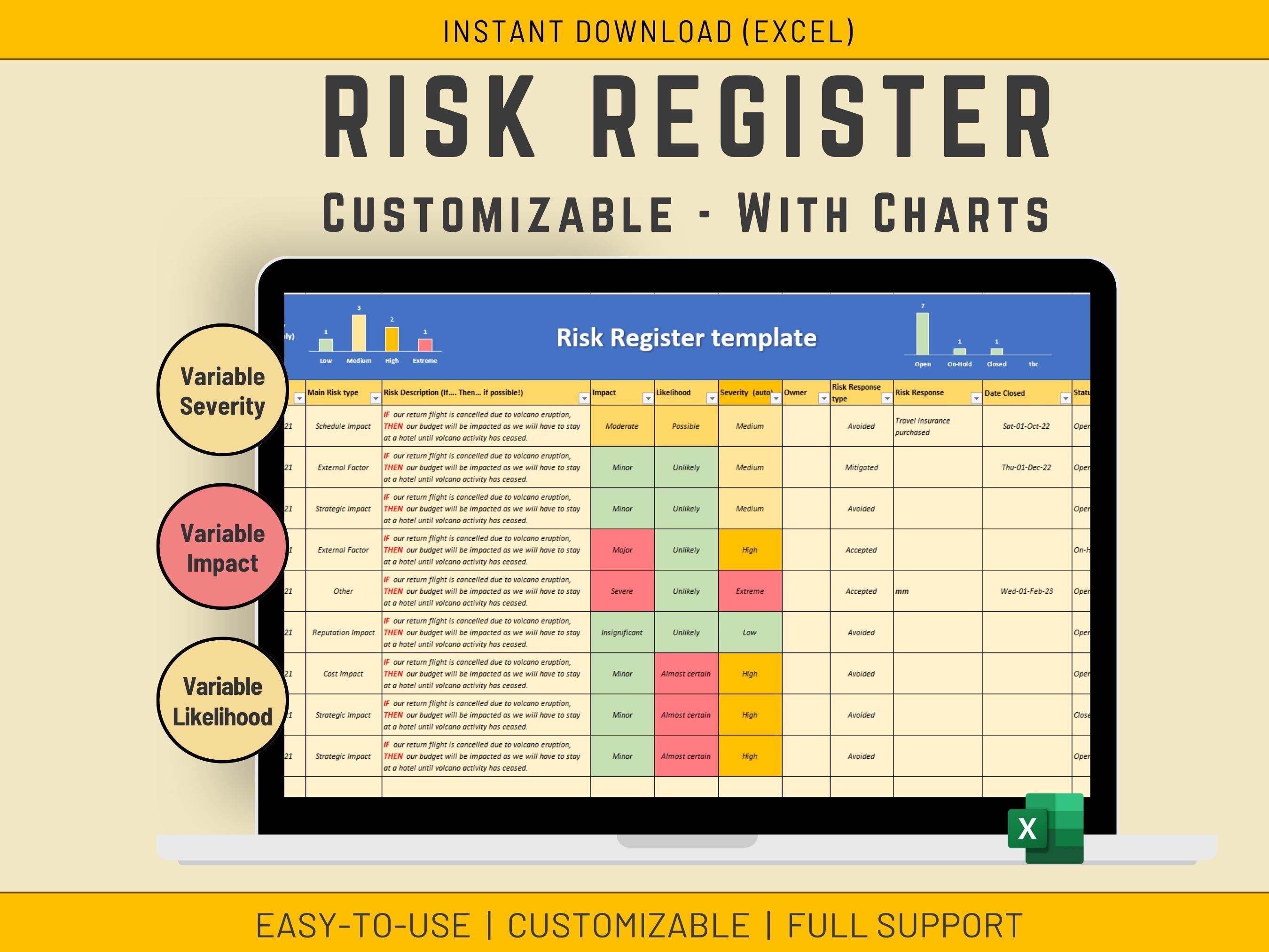 Excel Risk Register with Customizable Severity, Impact, Likelihood, Risk Management, Risk Types and Status, Instance Download Excel Template