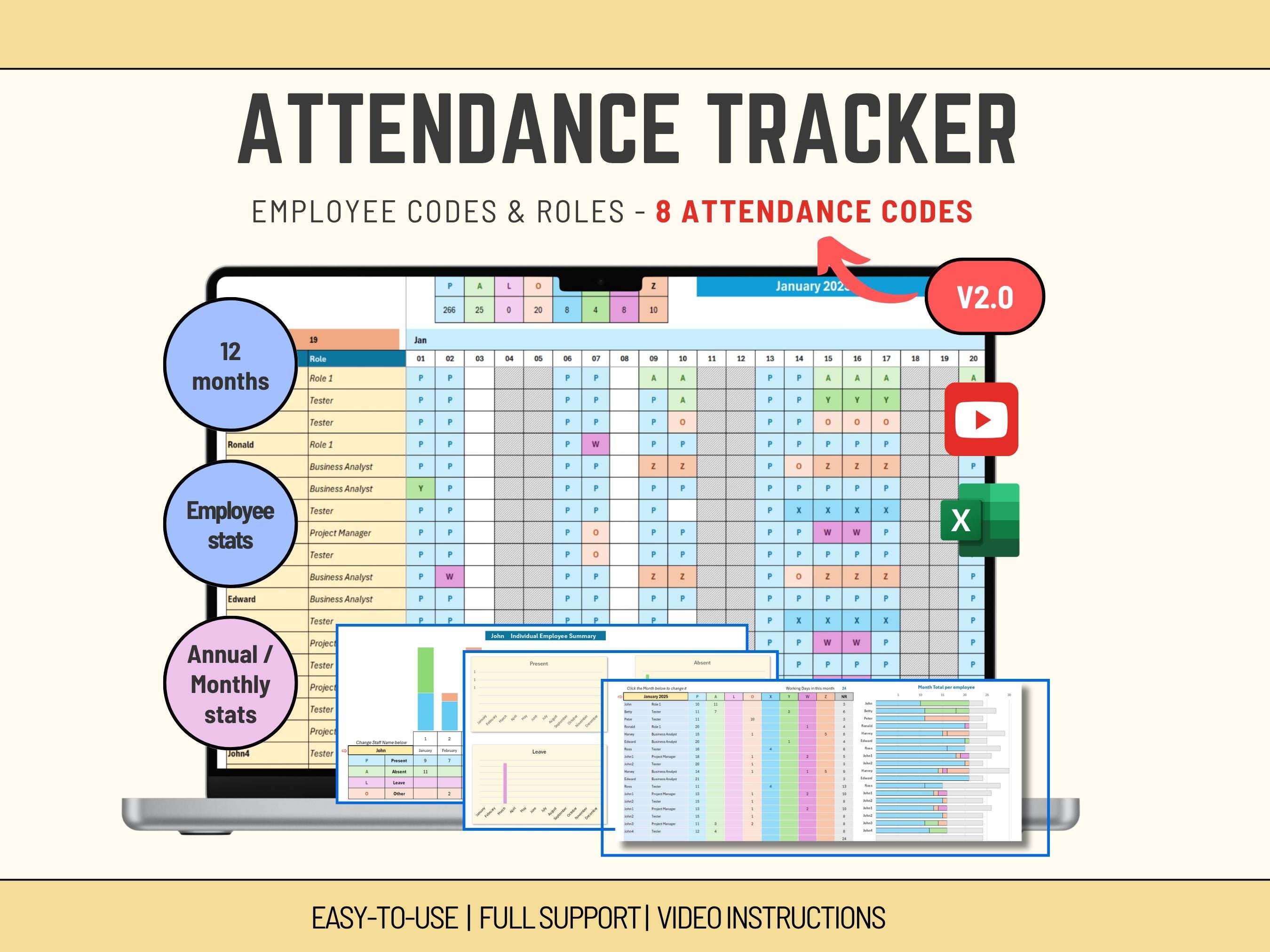 dashboard	Automated Excel attendance tracker dashboard with monthly stats and color-coded employee records.