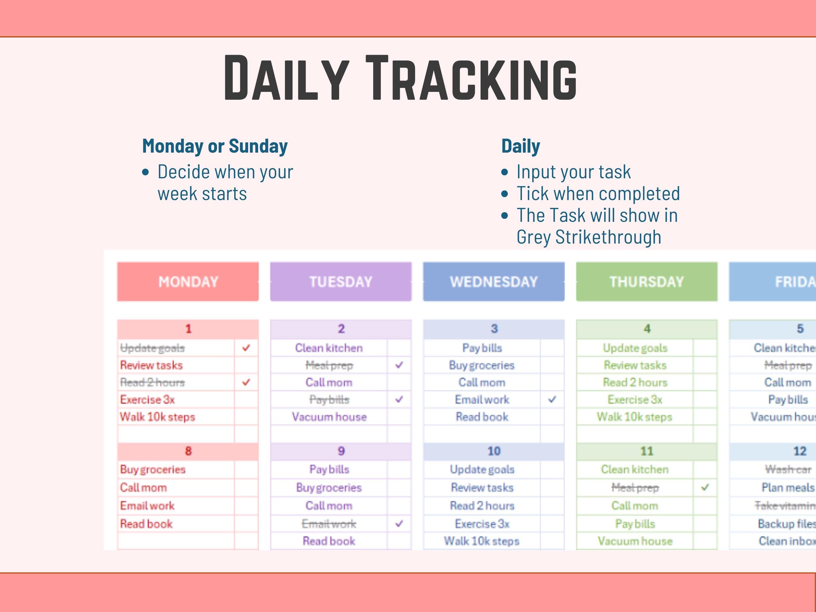 Data-driven Excel goal tracking system with automated progress bars and completion stats for yearly objectives.