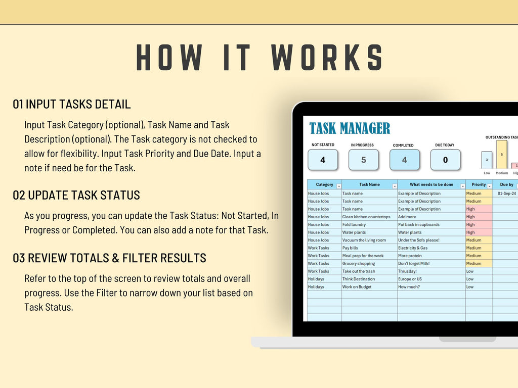 Professional Excel template featuring automated priority settings and task categorization.